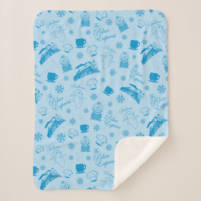The Polar Express | Blue Holiday Icon Pattern Sherpa Blanket (Front)