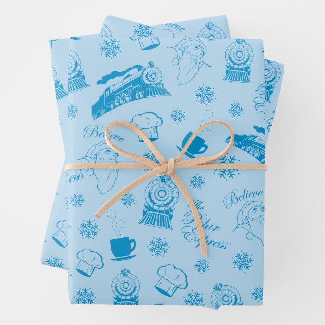 The Polar Express | Blue Holiday Icon Pattern Wrapping Paper Sheet (In situ)