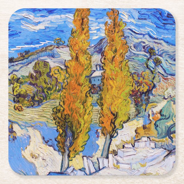 The Poplars at Saint-Rémy, Van Gogh Square Paper Coaster (Front)