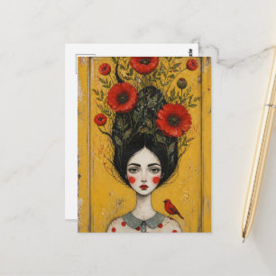 The Poppy Woman Mixed Media Painting Postcard