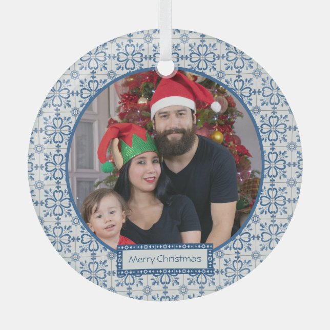 The Portuguese Family photo with tiles frame Glass Tree Decoration (Front)