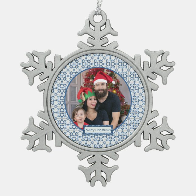The Portuguese Family photo with tiles frame Snowflake Pewter Christmas Ornament (Front)