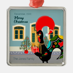 The Portuguese Rooster with a Christmas present Metal Tree Decoration
