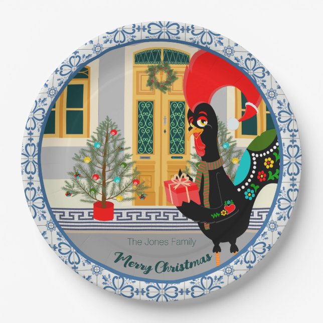 The Portuguese Rooster with a Christmas present Paper Plate (Front)