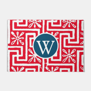 The power of colours red and navy blue greek key doormat