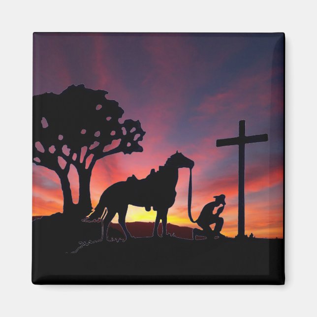 The praying cowboy at the foot of the cross magnet (Front)