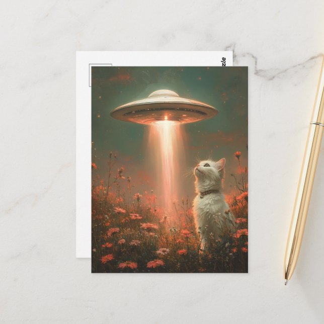 The Pretty White Cat and a UFO Postcard (Front/Back In Situ)