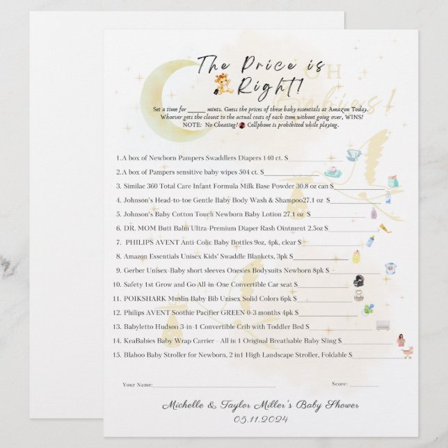 The Price is Right Baby Shower Game, It's Twins! (Front/Back)