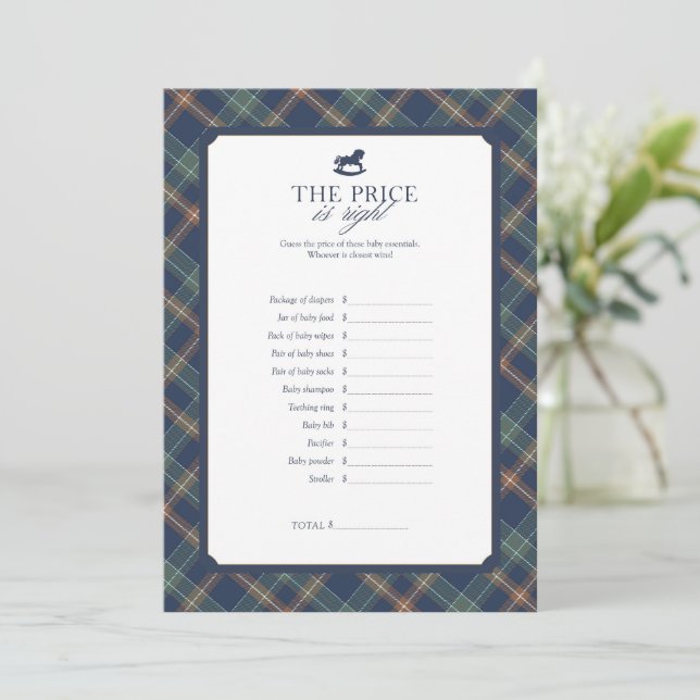 The Price Is Right Baby Shower Game Navy Plaid Advice Card (Standing Front)