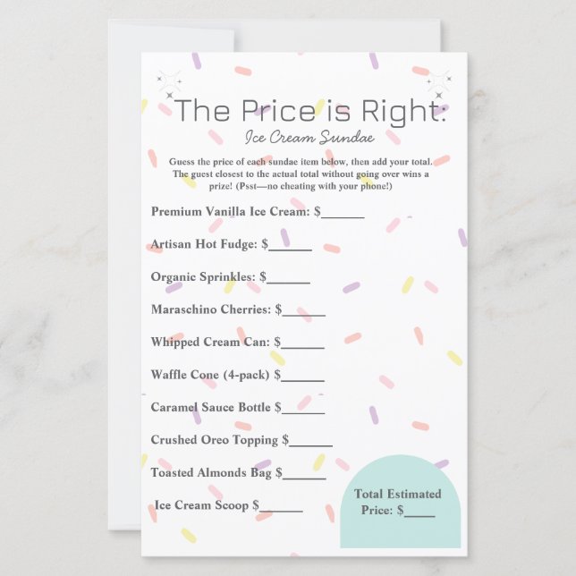 The Price is Right Ice Cream Sundae Game Card (Front)