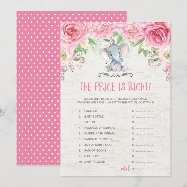 The Price is Right Pink Elephant Baby Shower Game Invitation (Front/Back)