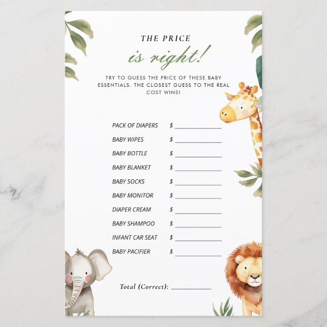 The Price is Right Safari Animals Baby Shower Game (Front)
