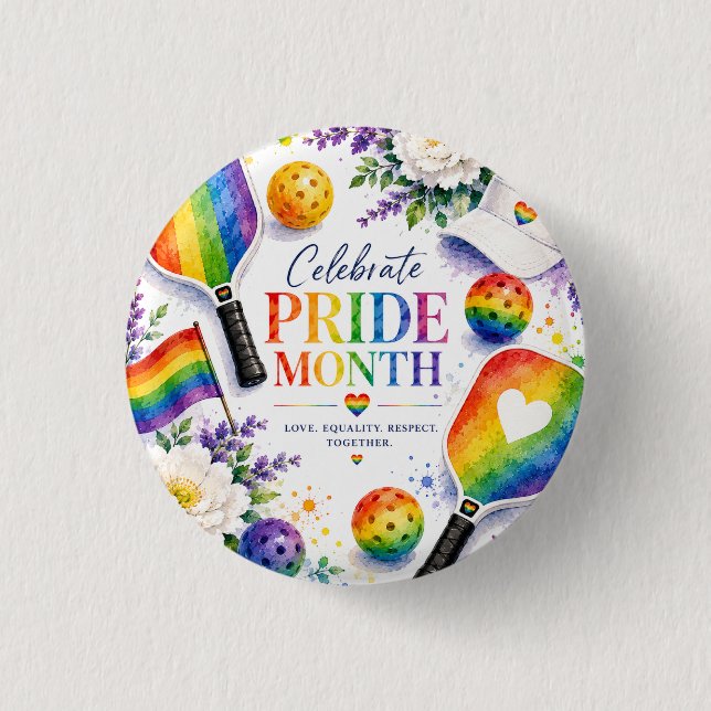 The Pride Pickleball Rainbow themed 3 Cm Round Badge (Front)