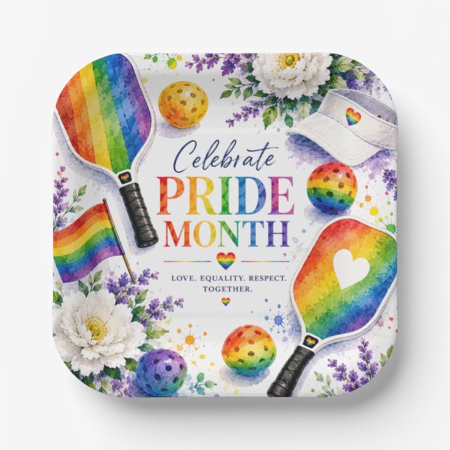 The Pride Pickleball Rainbow themed Paper Plate (Front)
