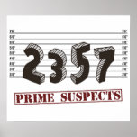 The Prime Number Suspects Poster<br><div class="desc">Caught red handed!  The prime suspects are two,  three,  five,  and seven.  Who's guilty of a horrible,  horrible math pun?  Great nerdy joke for mathematicians or geeks of any stripe.</div>