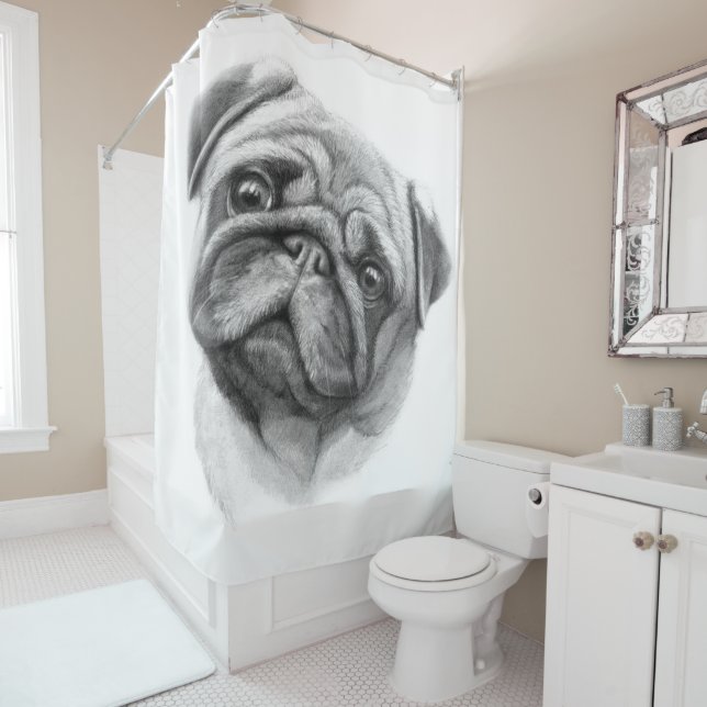 The Pug Portrait | Cute Pug Dog Face Shower Curtain (In Situ)