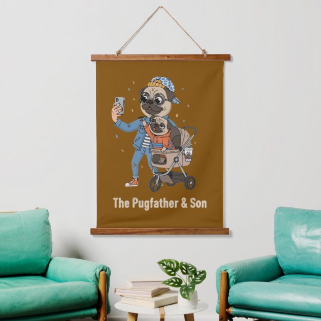  The Pugfather & Son | Funny Pug Dad & Puppy Selfi Hanging Tapestry (Living Room)