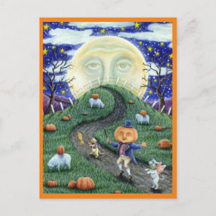 THE PUMPKIN MAN MEETING MAN IN THE MOON, HALLOWEEN POSTCARD