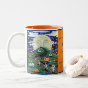 THE PUMPKIN MAN MEETING MAN IN THE MOON, HALLOWEEN Two-Tone COFFEE MUG