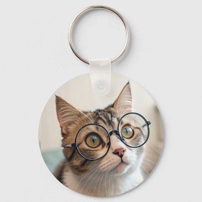 The Purr-fessor: A Scholarly Cat in Glasses Key Ring (Front)