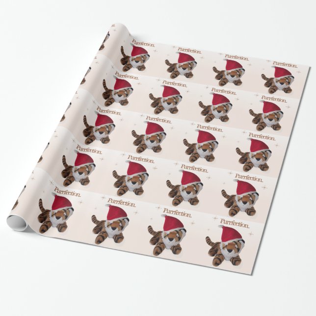 The Purrfect Christmas - Tiger in Santa Hat Wrapping Paper (Unrolled)