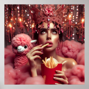 The queen in crown with French fries and alpaca Poster