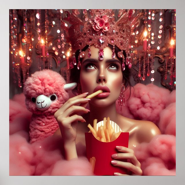 The queen in crown with French fries and alpaca Poster (Front)
