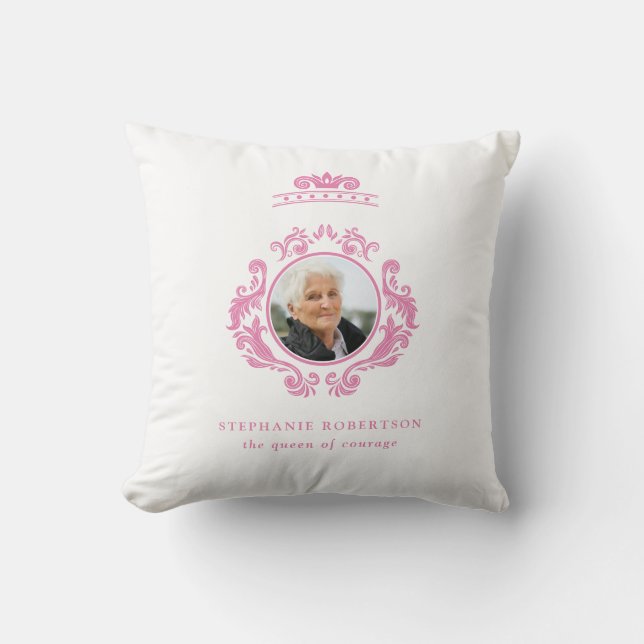 The Queen of Courage Breast Cancer Pink Photo Name Cushion (Front)