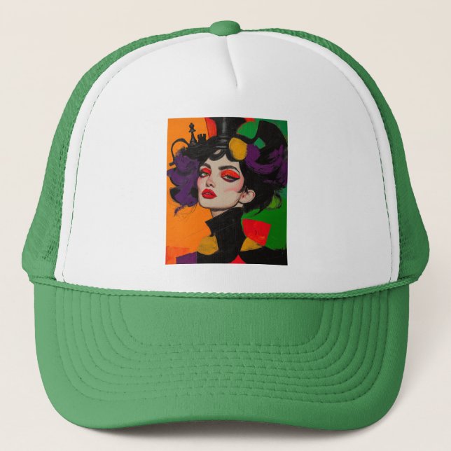 The Queen of Gambits, Glam Chess with Fierce Eyes Trucker Hat (Front)