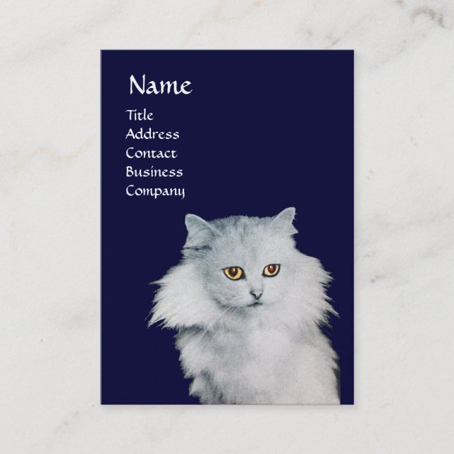 THE QUEEN OF WHITE CATS, MONOGRAM Blue pearl paper Business Card (Front)