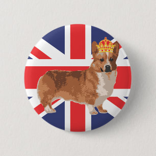 The Queen's Corgi with Crown and Union Jack 6 Cm Round Badge