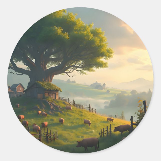 The Quiet Farm – Farmhouse Landscape Classic Round Sticker (Front)