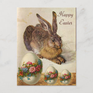 THE RABBIT ( Young Hare ) EASTER EGGS WITH FLOWERS Holiday Postcard