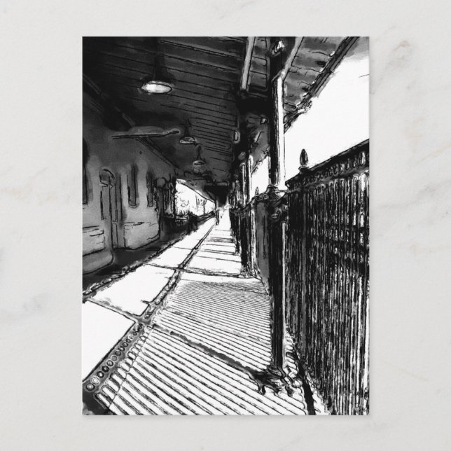 The Railway Station  black and white sketch Postcard (Front)