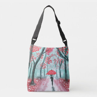 The Rainy Path Human Silhouette with Red Umbrella  Crossbody Bag