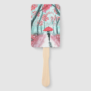 The Rainy Path Human Silhouette with Red Umbrella  Hand Fan