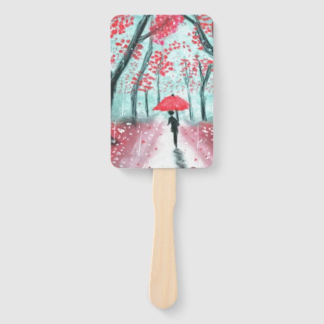 The Rainy Path Human Silhouette with Red Umbrella  Hand Fan (Front)