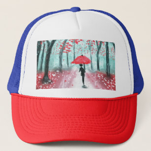 The Rainy Path Human Silhouette with Red Umbrella Trucker Hat