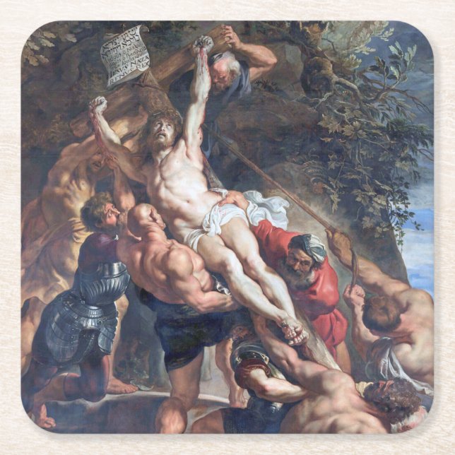 The Raising of the Cross, Rubens Square Paper Coaster (Front)
