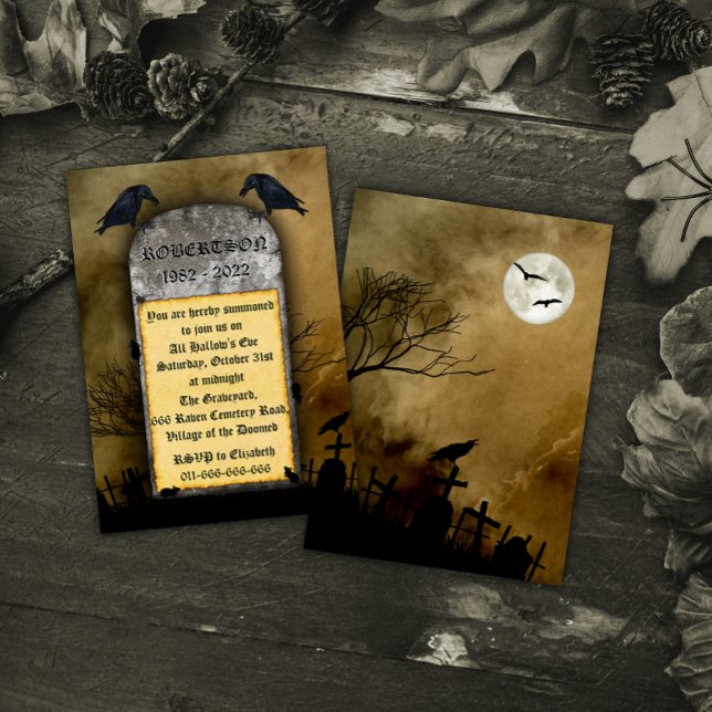 The Raven Cemetery Spooky Tombstone Halloween Invitation (Creator Uploaded)