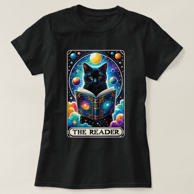 The Reader Black Cat Tarot Card T-Shirt (Design Front)
