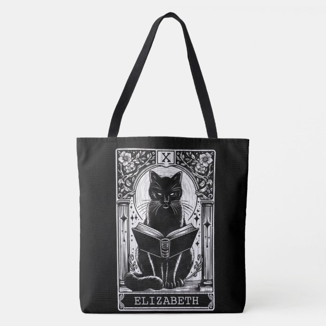 The Reader Black Cat Tarot Card Tote Bag (Front)