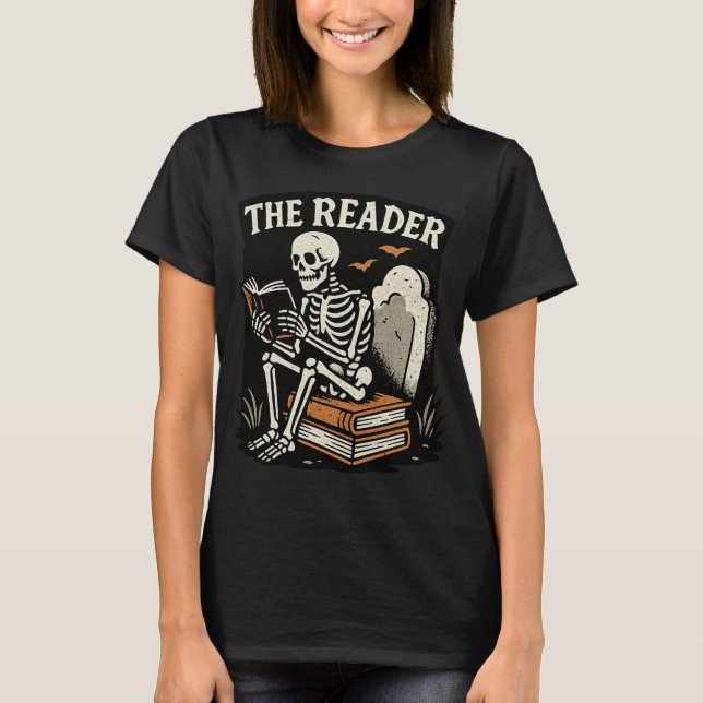 The Reader | Skeleton Booklover Halloween T-Shirt (Front)