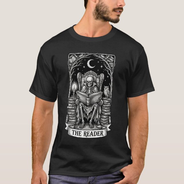 The Reader Skeleton Tarot Card Dark Academia  T-Shirt (Front)