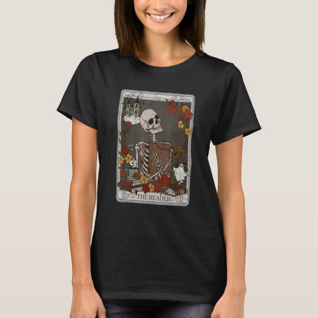 The Reader Tarot Card Bookish Skeleton Librarian B T-Shirt (Front)