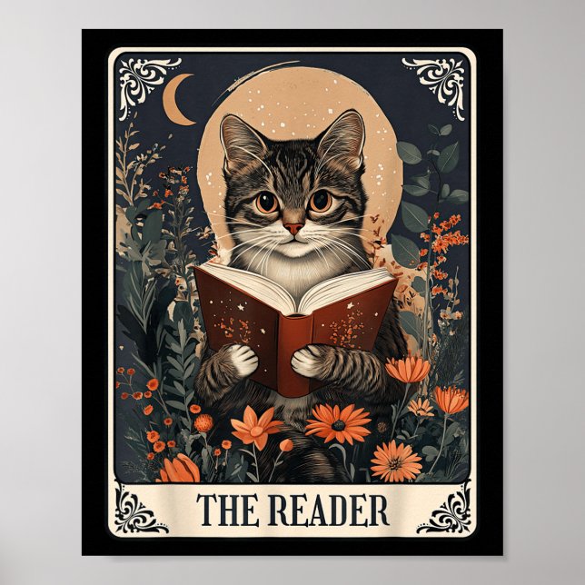 The Reader Tarot Card Cat Reading Book Floral Book Poster (Front)