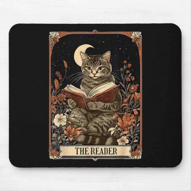 The Reader Tarot Card Cat Reading Book Floral Moon Mouse Mat (Front)