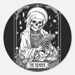 The Reader Tarot Card Skeleton Bookish Halloween S Classic Round Sticker