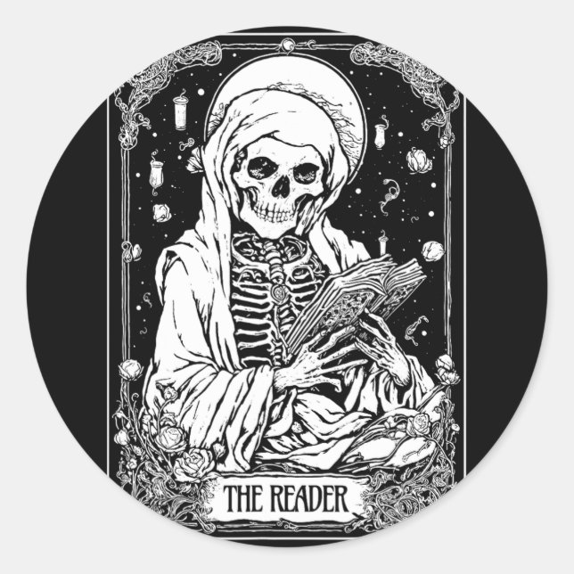 The Reader Tarot Card Skeleton Bookish Halloween S Classic Round Sticker (Front)