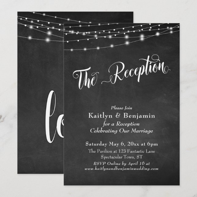 The Reception Typography Chalkboard String Lights Invitation (Front/Back)